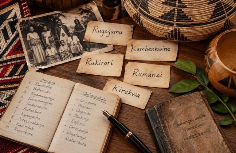 Traditional Rukiga names and family heritage represented through handwritten records and Ugandan cultural objects