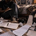 Young poet surrounded by notebooks and handwritten pages representing Poetry Binds Me by Eddie Nova Poetry