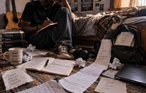 Young poet surrounded by notebooks and handwritten pages representing Poetry Binds Me by Eddie Nova Poetry
