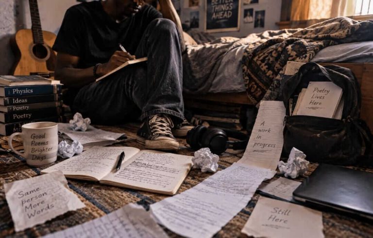Young poet surrounded by notebooks and handwritten pages representing Poetry Binds Me by Eddie Nova Poetry