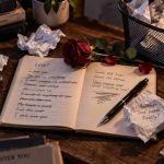 Crumpled love poems and a rose representing I Hate Love Poems by K.P.M.
