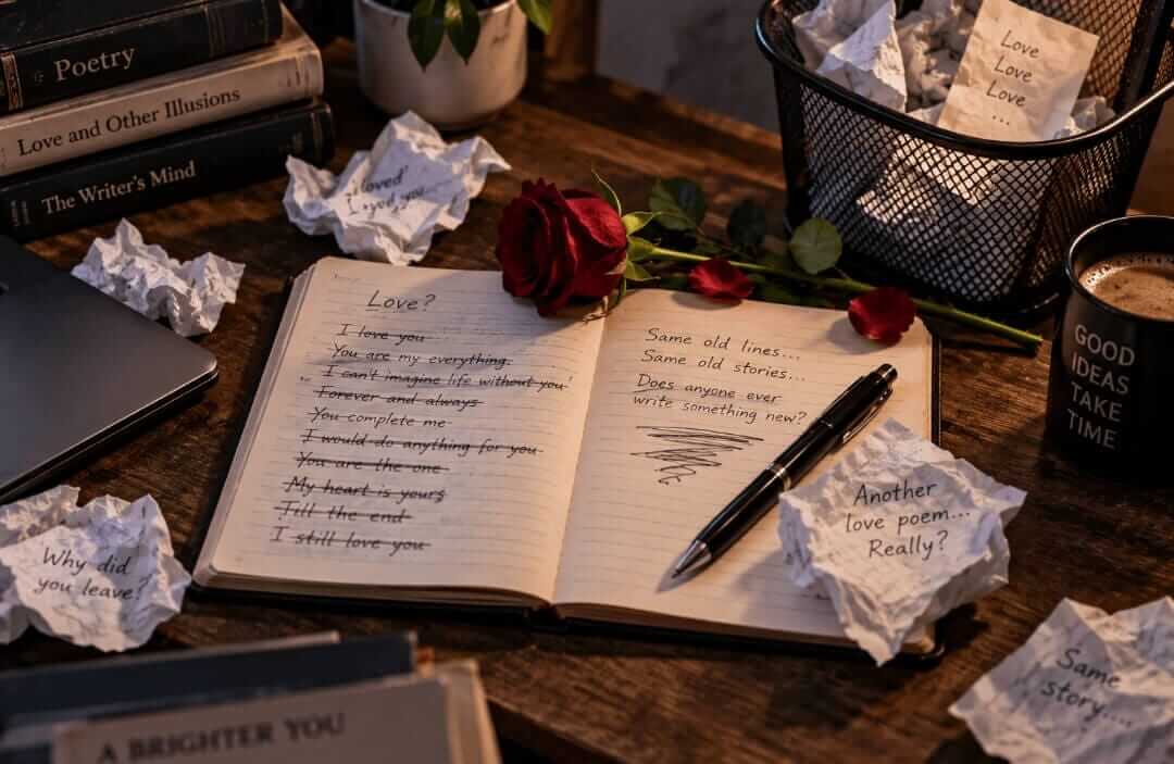 Crumpled love poems and a rose representing I Hate Love Poems by K.P.M.