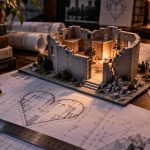 Architectural model and blueprints representing The Architecture of the Heart by K.P.M.