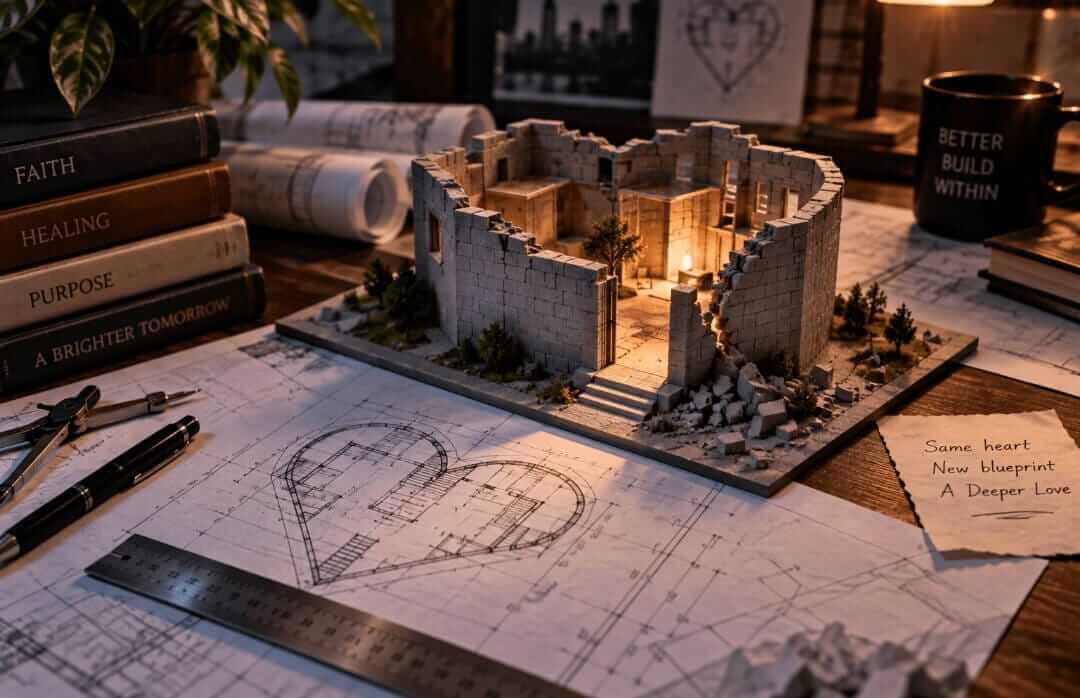 Architectural model and blueprints representing The Architecture of the Heart by K.P.M.