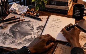 Drawing materials and handwritten poetry representing Why I Write by K.P.M.