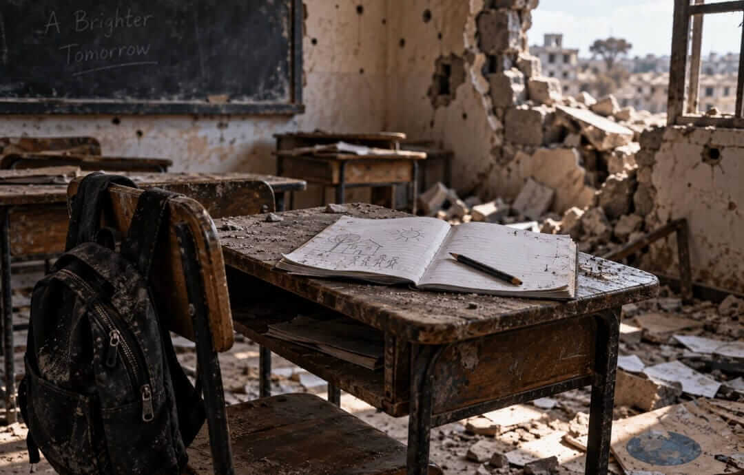 Abandoned school desk in a damaged classroom representing War Child by Kellna Hursle