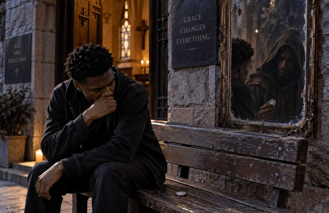 A man outside a chapel seeing a mysterious hooded figure reflected in a mirror for Judas Mirror by K.P.M.