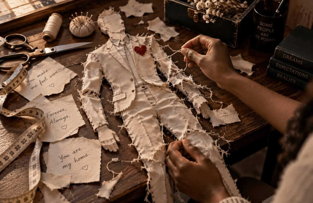 A fabric figure being unravelled to represent The Lover I Invented by Daisy Atuhaire