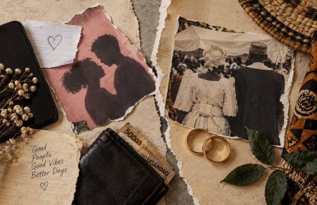 Editorial collage representing love and marriage in a poem by Nalubega Victoria