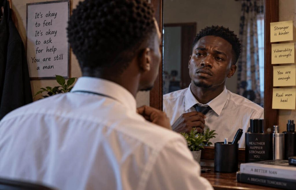 Young man looking at his emotional reflection in a mirror for The Deceit of Trying to Be a Man