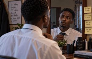 Young man looking at his emotional reflection in a mirror for The Deceit of Trying to Be a Man